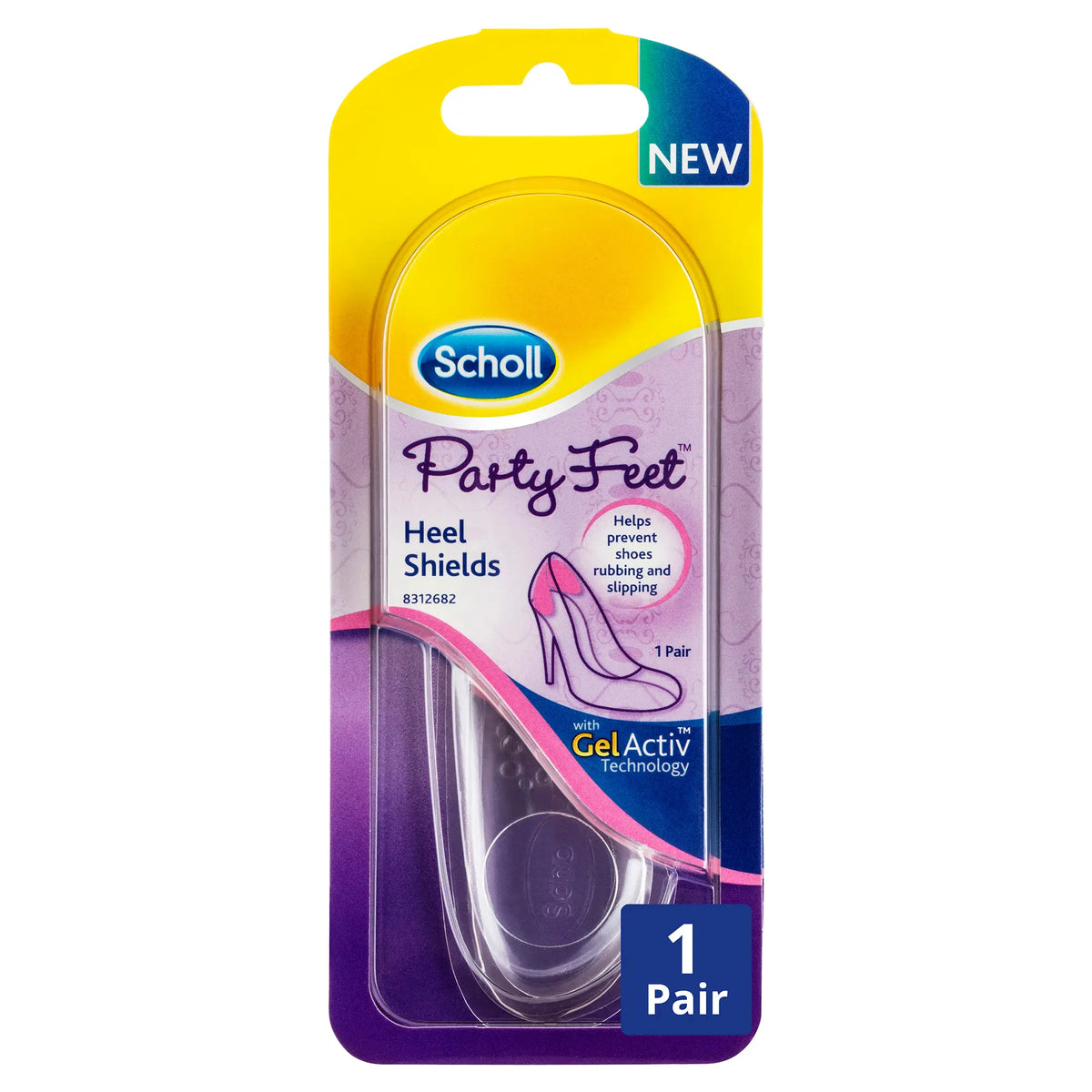 Party Feet Invisible Gel Heel Shields by Scholl UK in retail packaging with clear gel heel protectors for high heels to help prevent rubbing and slipping