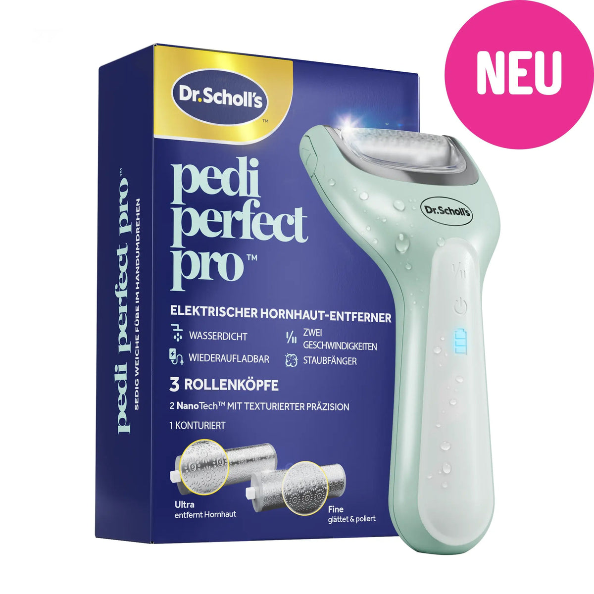 Scholl Site DE Care Dr. Scholl’s Pedi Perfect Pro Wasserdichter, Wiederaufladbarer, Elektrischer Fußhornhautentferner mit x3 Rollenköpfen