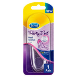 Party Feet Invisible Gel Heel Shields by Scholl UK in retail packaging with clear gel heel protectors for high heels to help prevent rubbing and slipping