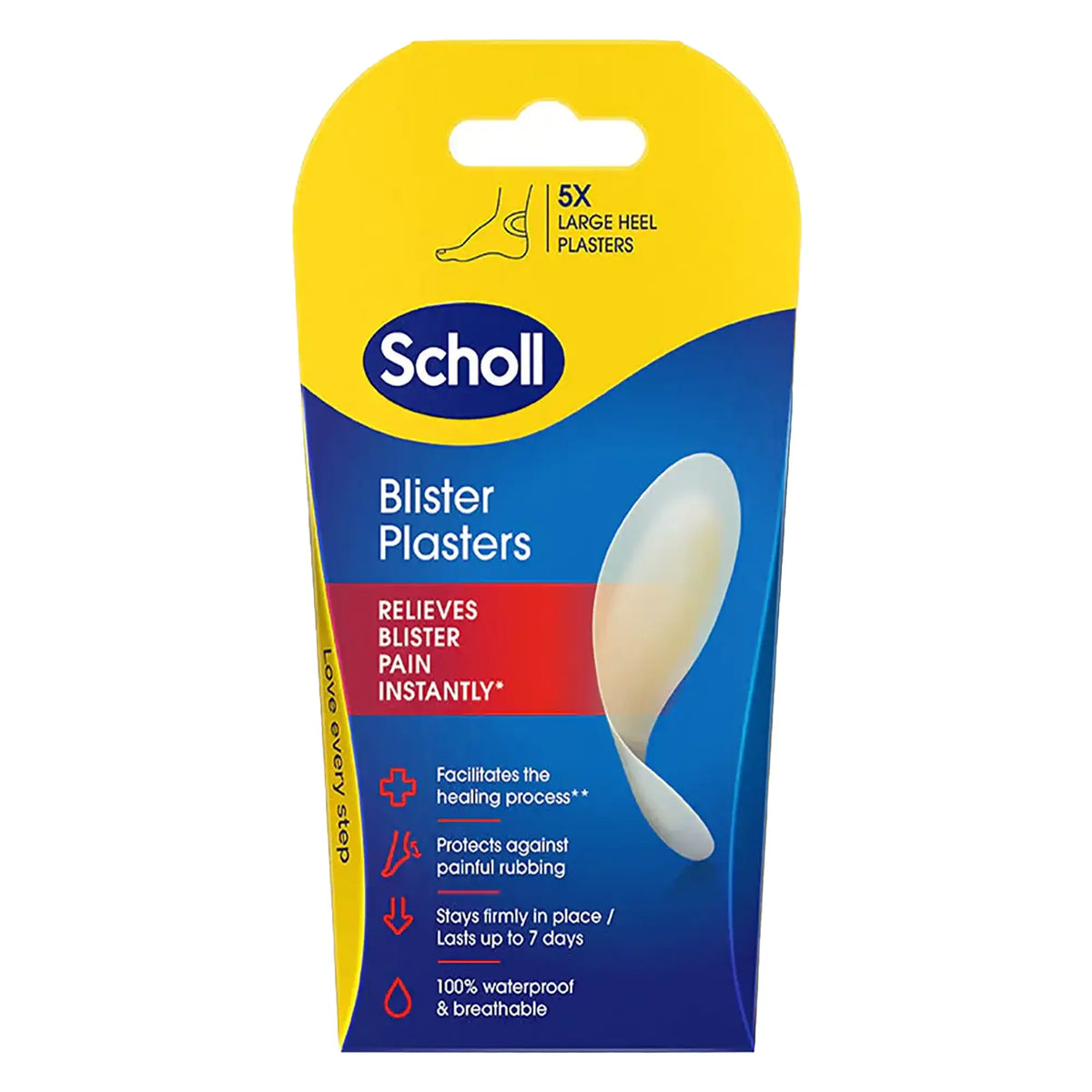 Large Blister Plasters Pack of 5 by Scholl UK packaging with five large heel plasters for cushioning painful blisters and protecting skin while it heals