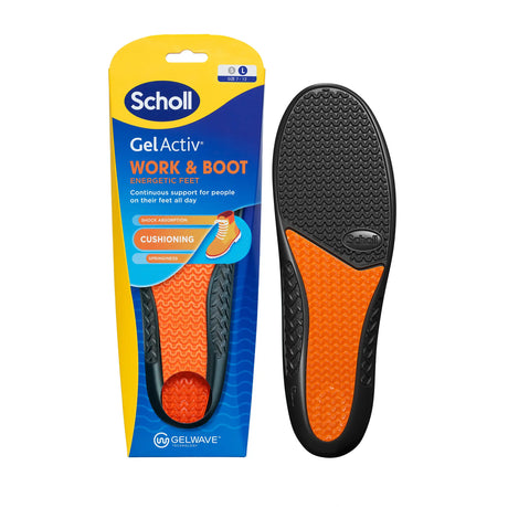 GelActiv™ Work & Boot Insoles Large by Scholl UK in retail packaging with black and orange full length insoles for cushioned support in work boots