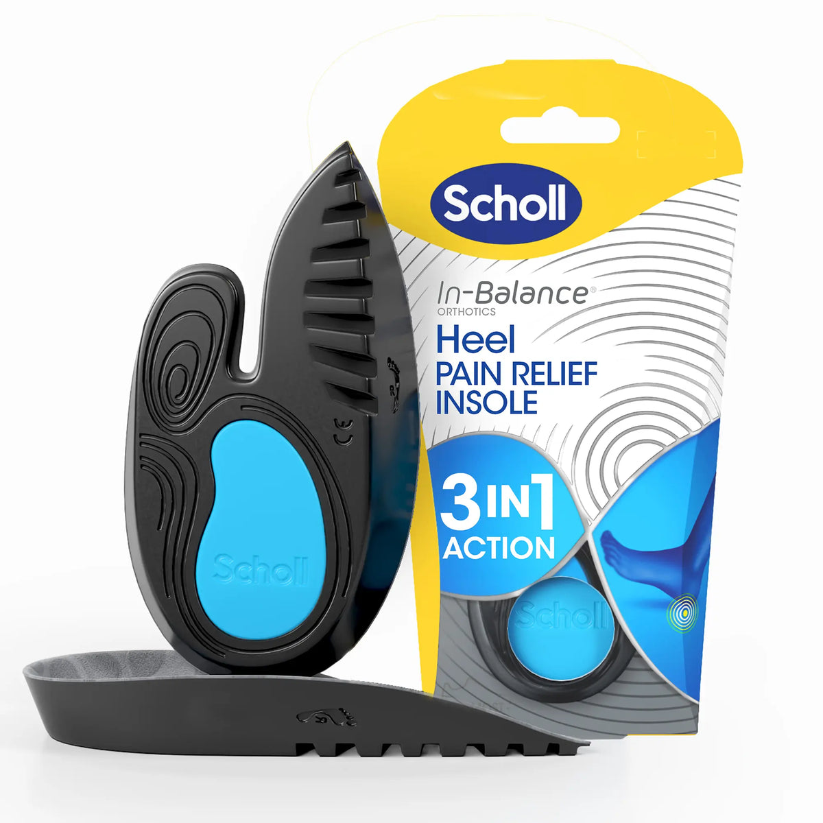 Heel & Ankle Pain Relief Insoles Medium by Scholl UK showing 3/4 length insoles and retail packaging for heel and ankle pain relief