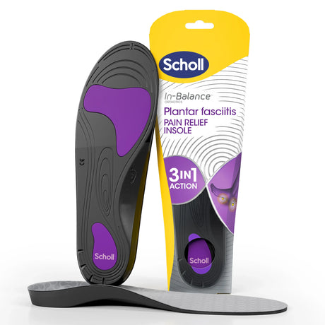 Plantar Fasciitis Pain Relief Insoles Medium by Scholl UK shown with black and purple arch support insoles and retail packaging for cushioned foot comfort
