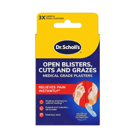 Open Blisters, Cuts and Grazes Medical Grade Blister Plasters with Hydrogel Technology, Pack of 6 packaging