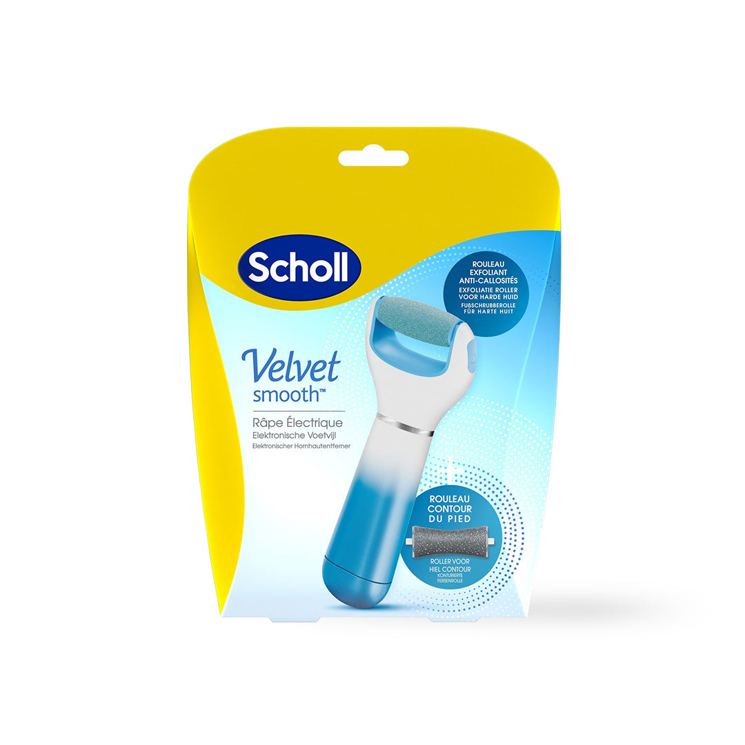 Scholl Velvet Smooth niebieska elektryczna tarka z rolką do okolic stóp